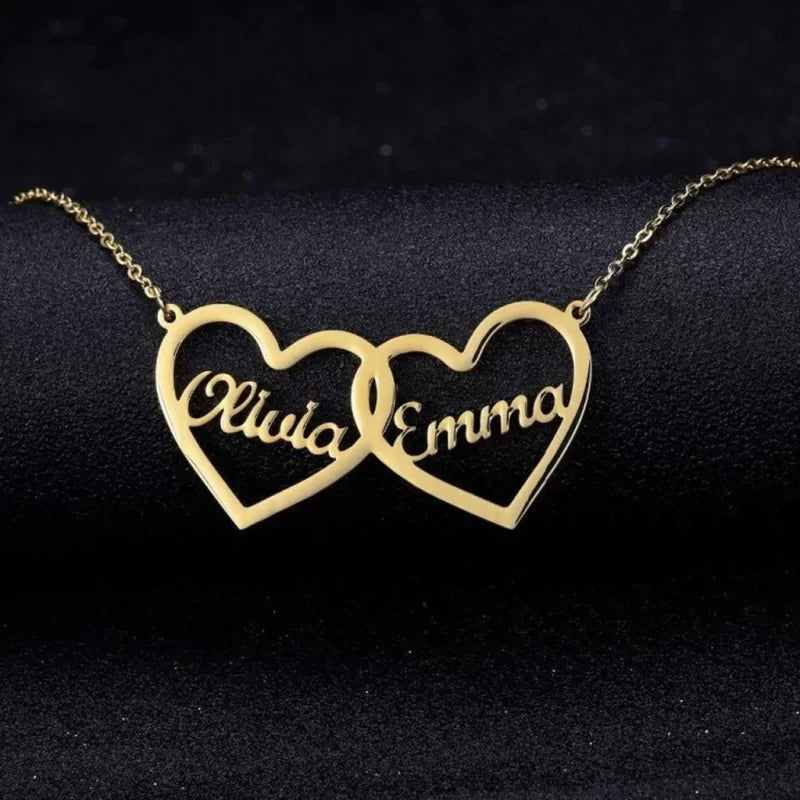 Double Heart Couple Name Necklace - 30% OFF