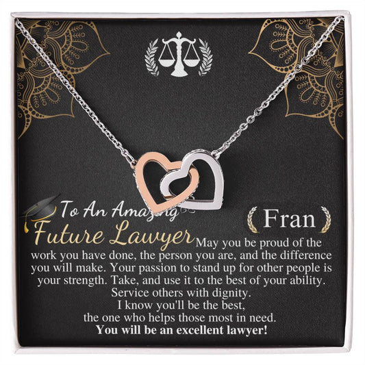 Meaningful Jewelry Gift Personalized Lawyer Gift for Graduation, Law School Graduation Gift, Custom Attorney Paralegal Law Student Graduate gift for her, Interlocking Heart Necklace With Message card Fran